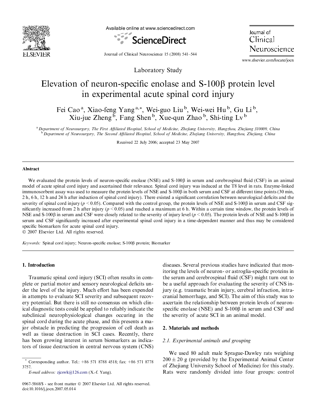 Elevation of neuron-specific enolase and S-100β protein level in experimental acute spinal cord injury