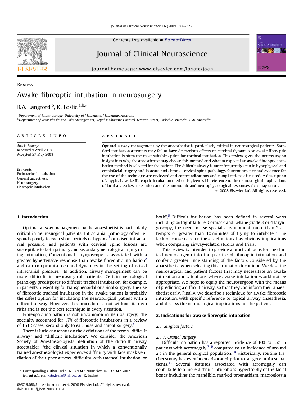 Awake fibreoptic intubation in neurosurgery