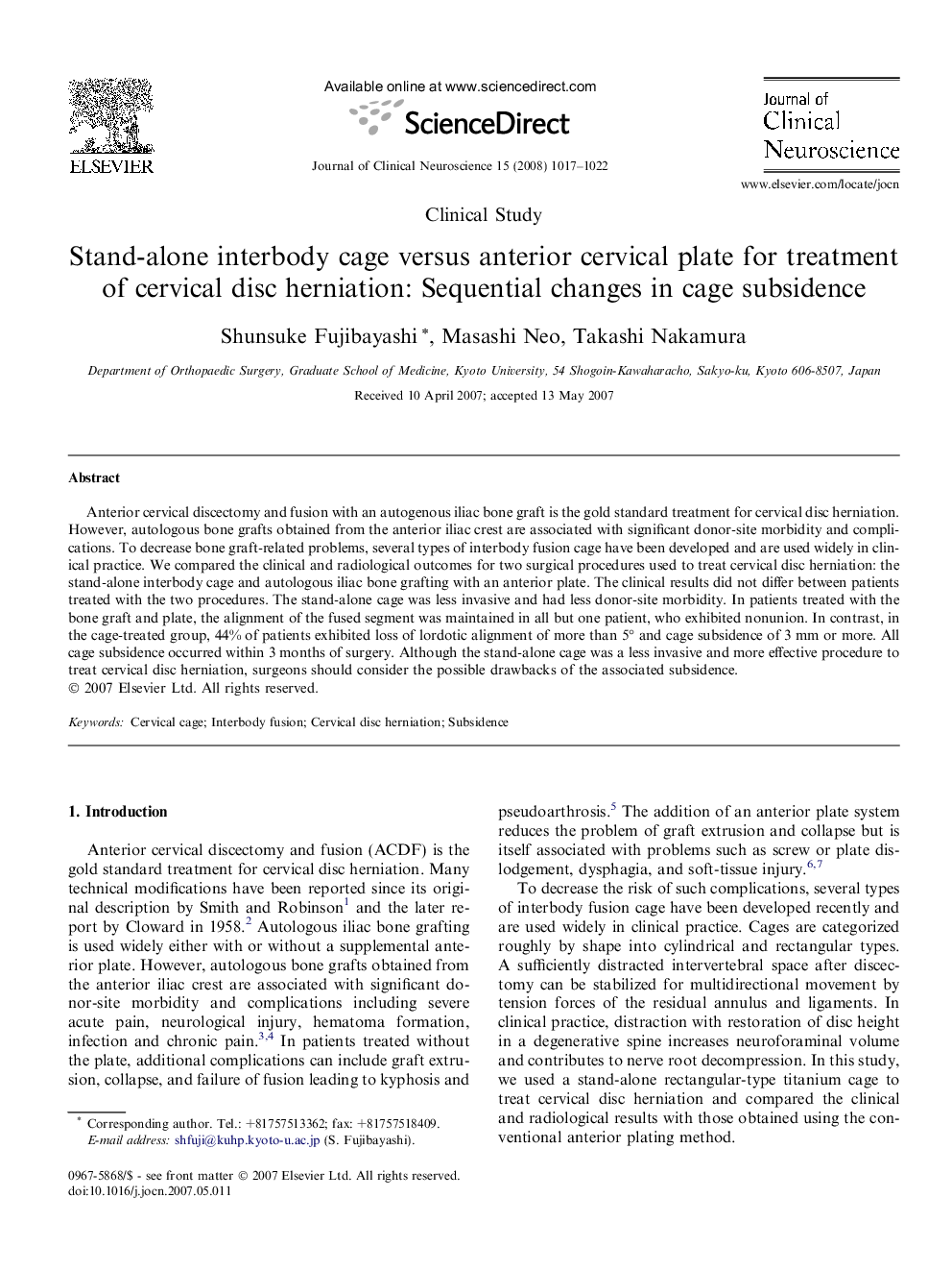 Stand-alone interbody cage versus anterior cervical plate for treatment of cervical disc herniation: Sequential changes in cage subsidence