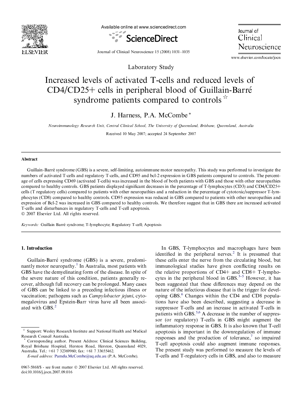 Increased levels of activated T-cells and reduced levels of CD4/CD25+ cells in peripheral blood of Guillain-Barré syndrome patients compared to controls 