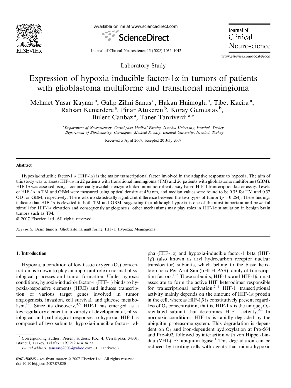 Expression of hypoxia inducible factor-1α in tumors of patients with glioblastoma multiforme and transitional meningioma