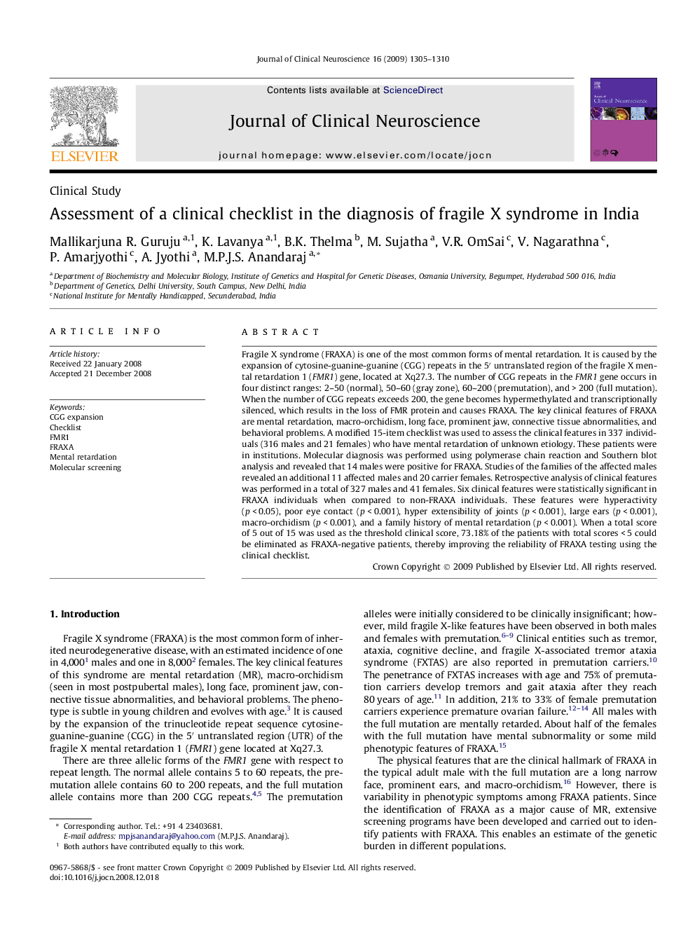 Assessment of a clinical checklist in the diagnosis of fragile X syndrome in India