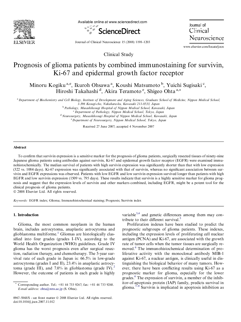 Prognosis of glioma patients by combined immunostaining for survivin, Ki-67 and epidermal growth factor receptor