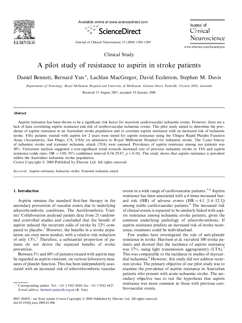 A pilot study of resistance to aspirin in stroke patients