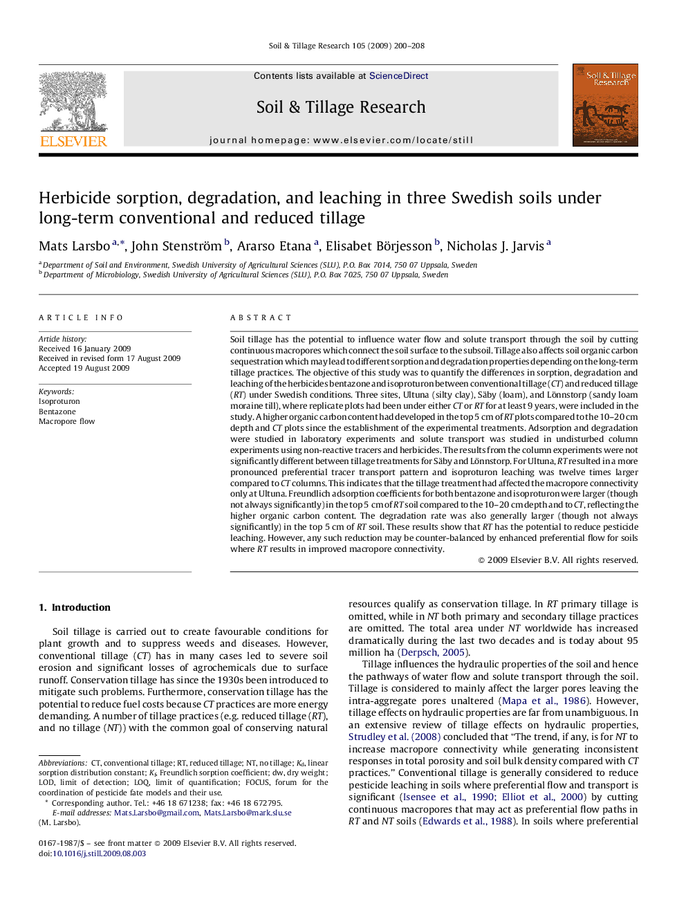 Herbicide sorption, degradation, and leaching in three Swedish soils under long-term conventional and reduced tillage