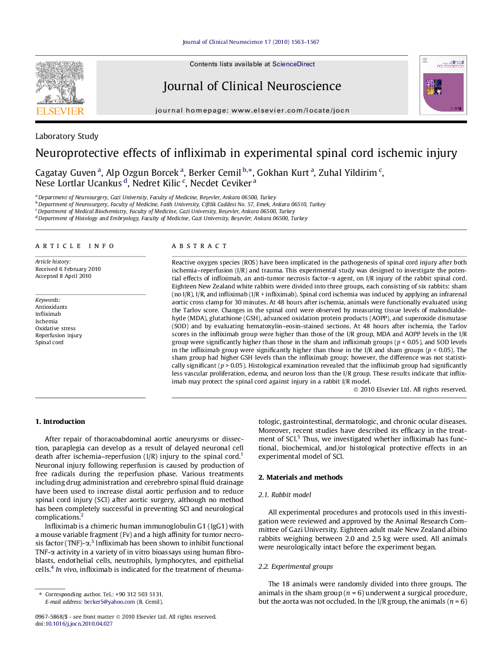 Neuroprotective effects of infliximab in experimental spinal cord ischemic injury