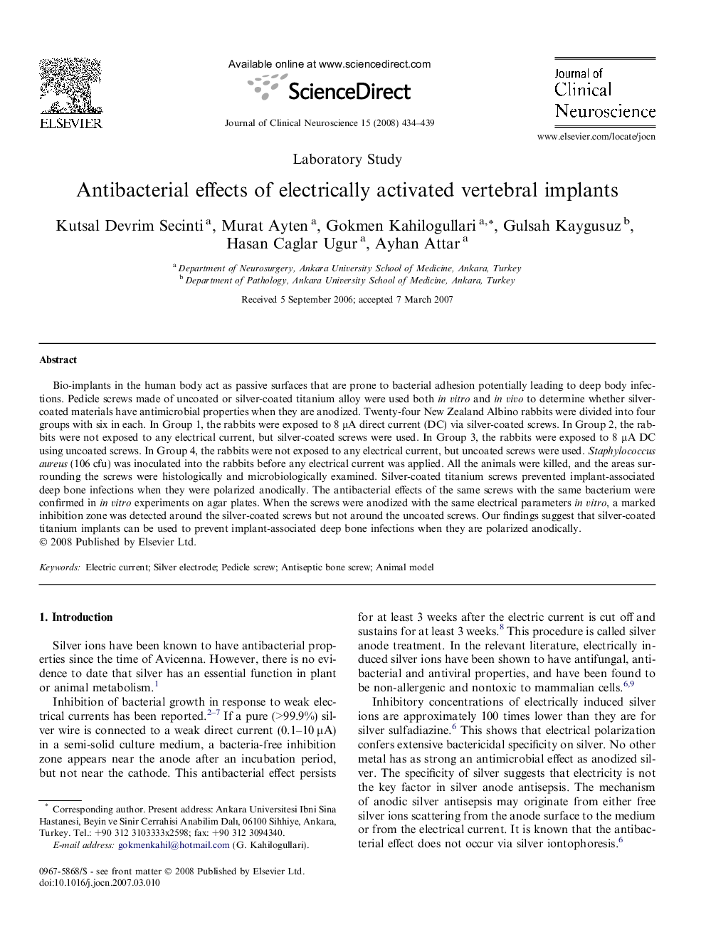 Antibacterial effects of electrically activated vertebral implants