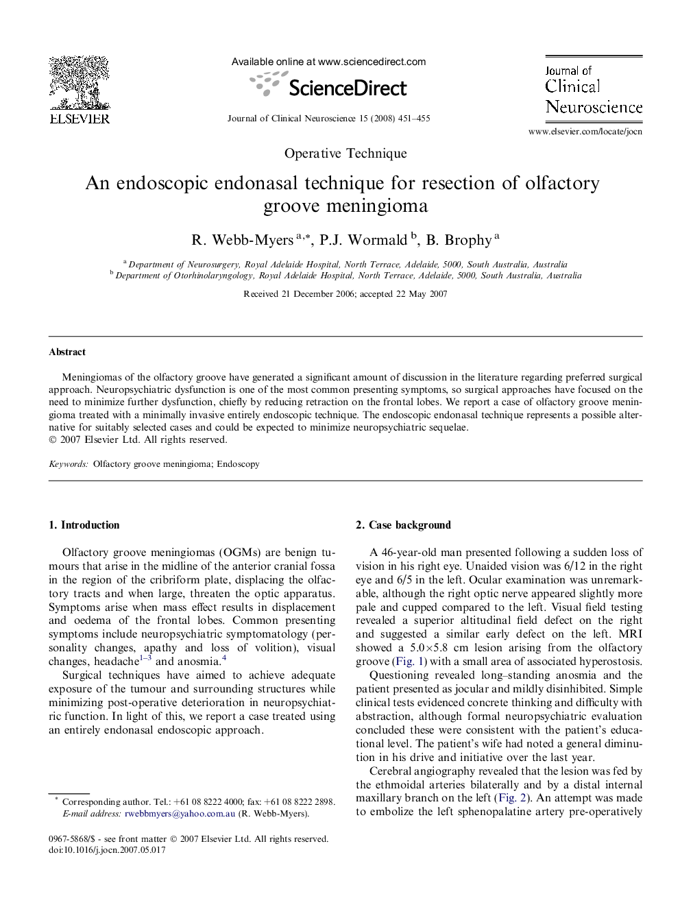 An endoscopic endonasal technique for resection of olfactory groove meningioma