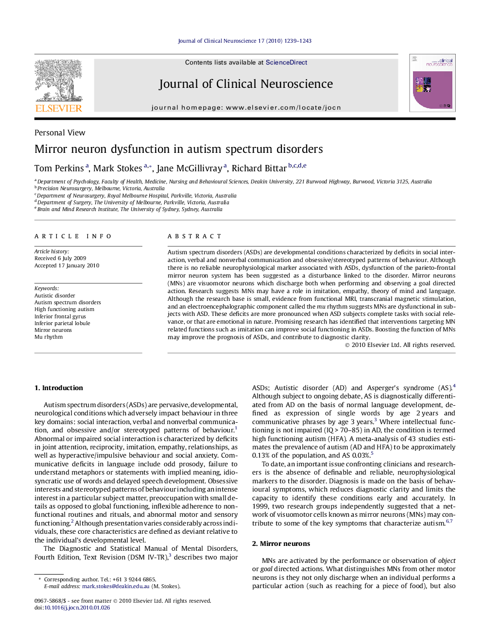 Mirror neuron dysfunction in autism spectrum disorders