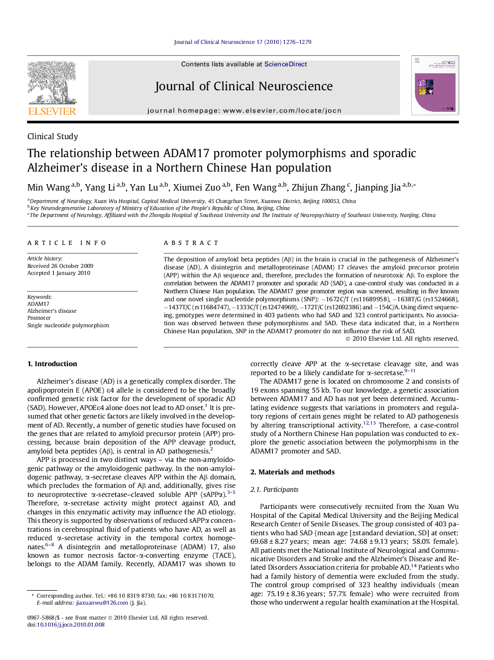 The relationship between ADAM17 promoter polymorphisms and sporadic Alzheimer’s disease in a Northern Chinese Han population