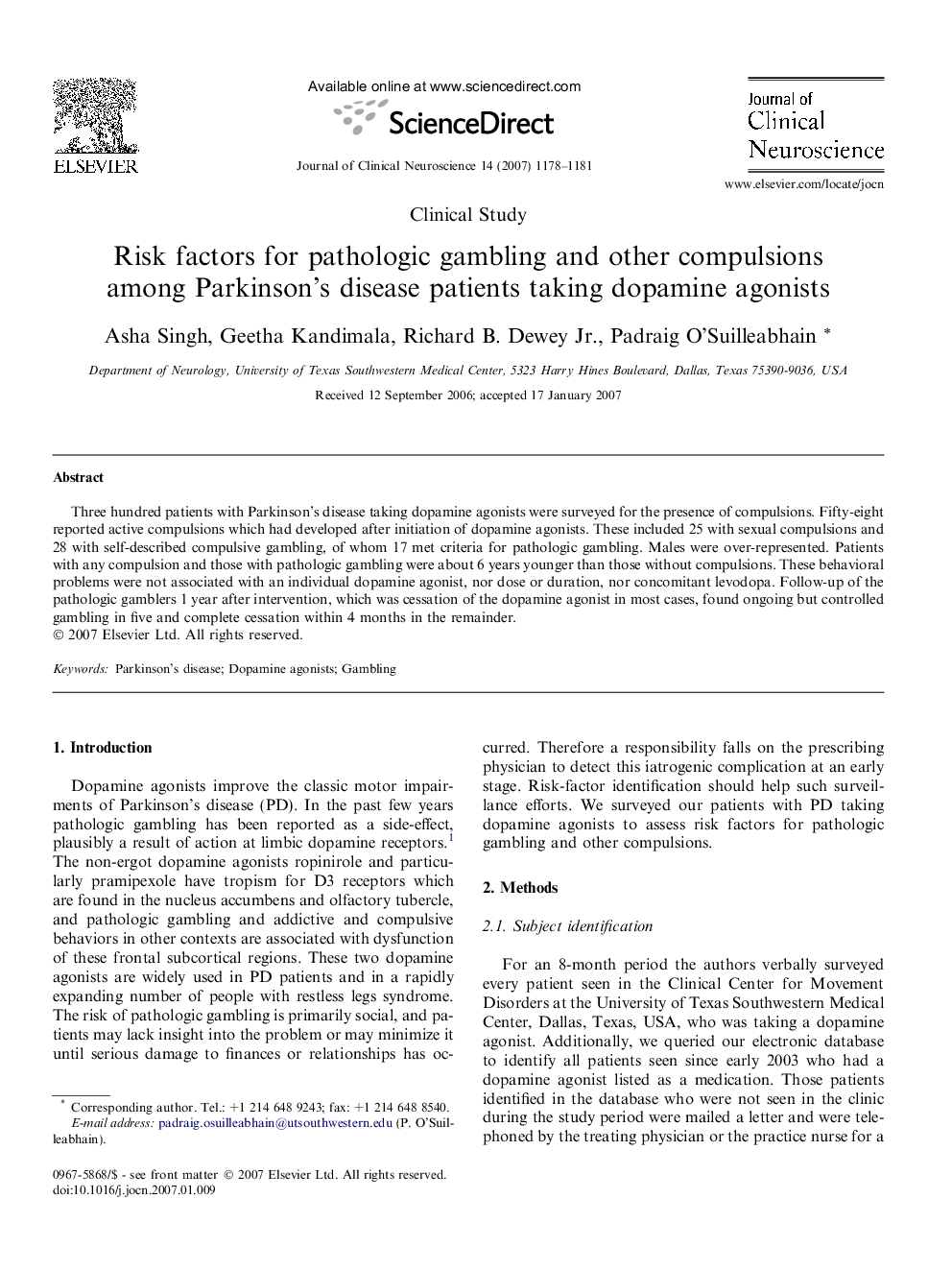 Risk factors for pathologic gambling and other compulsions among Parkinson’s disease patients taking dopamine agonists