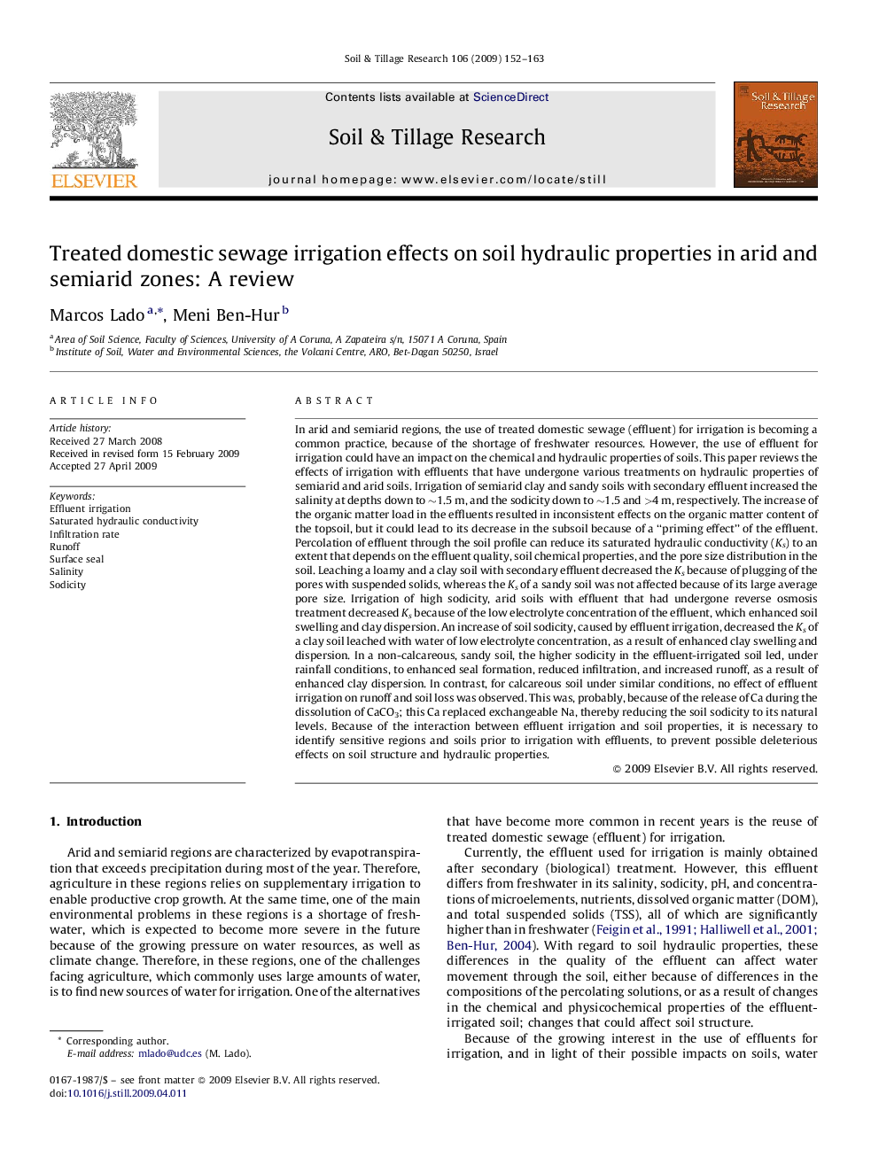 Treated domestic sewage irrigation effects on soil hydraulic properties in arid and semiarid zones: A review