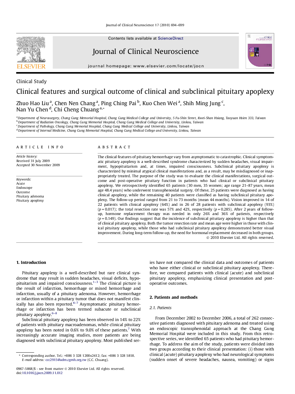 Clinical features and surgical outcome of clinical and subclinical pituitary apoplexy