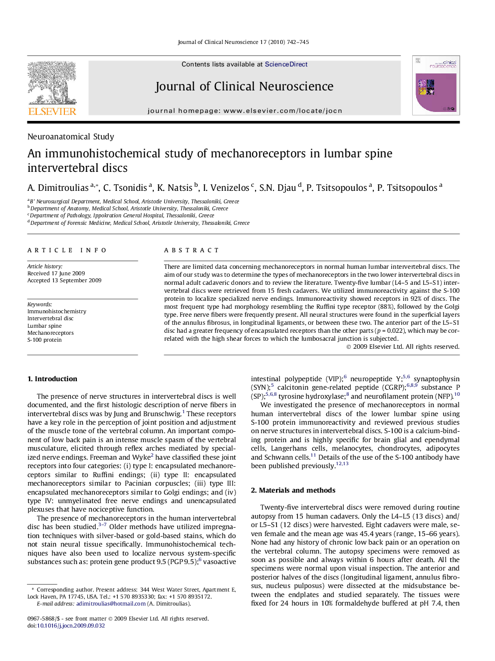 An immunohistochemical study of mechanoreceptors in lumbar spine intervertebral discs