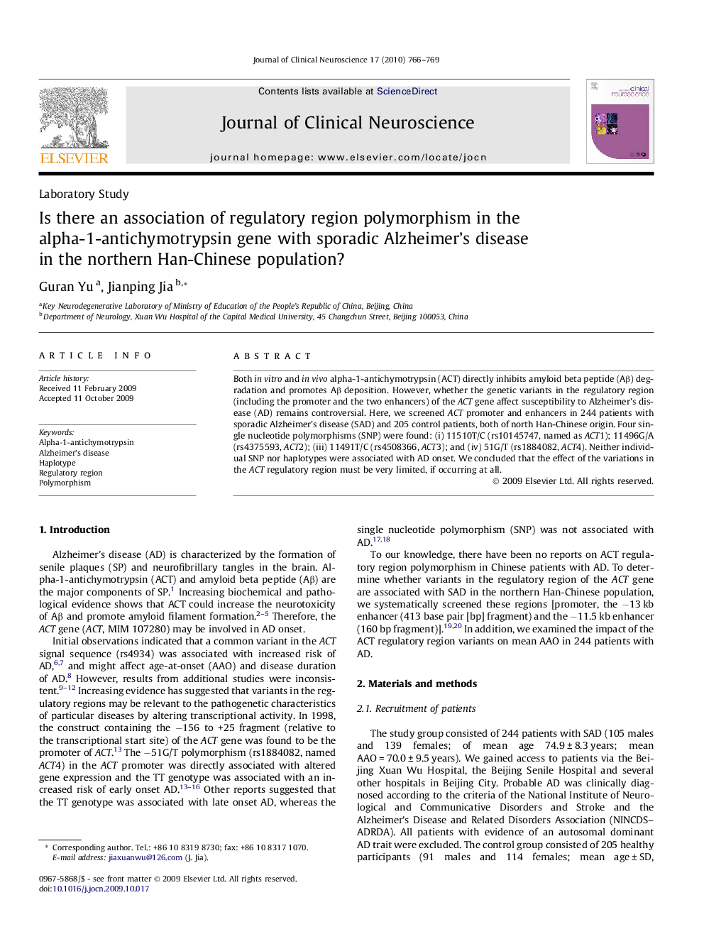 Is there an association of regulatory region polymorphism in the alpha-1-antichymotrypsin gene with sporadic Alzheimer’s disease in the northern Han-Chinese population?