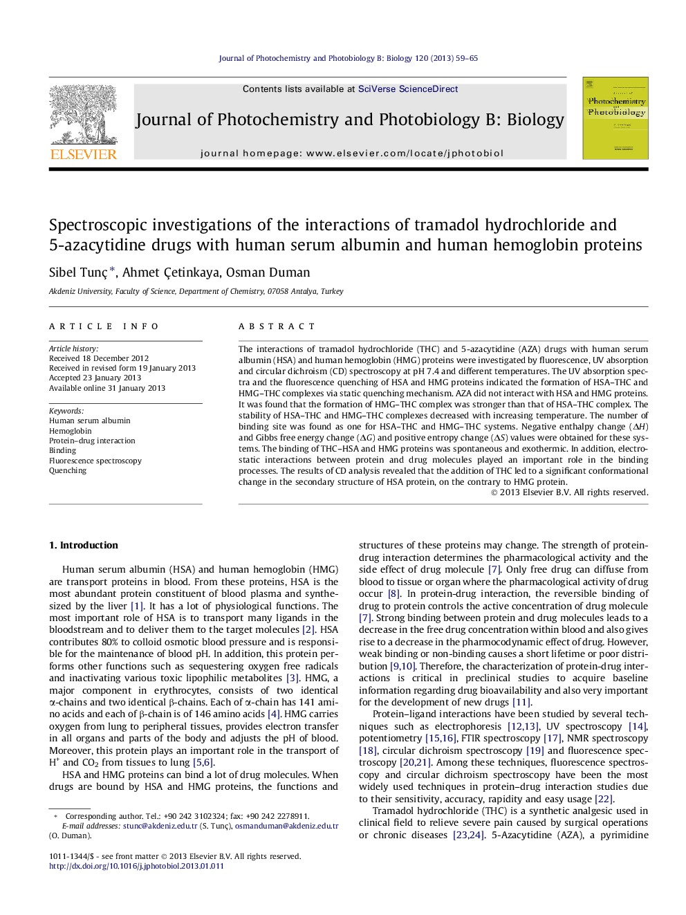 Spectroscopic investigations of the interactions of tramadol hydrochloride and 5-azacytidine drugs with human serum albumin and human hemoglobin proteins