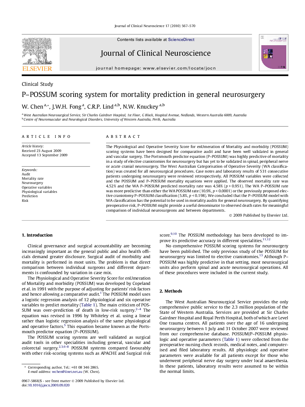 P–POSSUM scoring system for mortality prediction in general neurosurgery