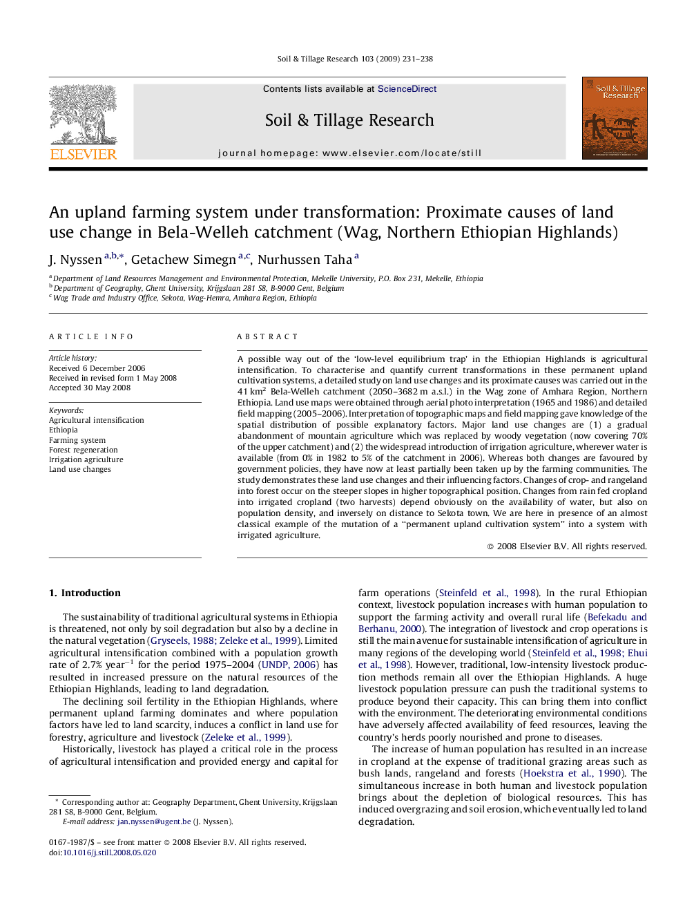 An upland farming system under transformation: Proximate causes of land use change in Bela-Welleh catchment (Wag, Northern Ethiopian Highlands)