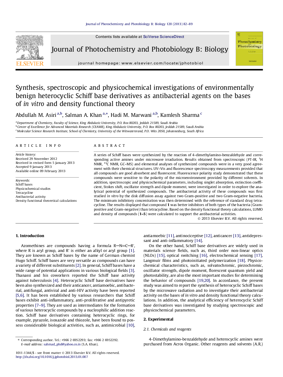 Synthesis, spectroscopic and physicochemical investigations of environmentally benign heterocyclic Schiff base derivatives as antibacterial agents on the bases of in vitro and density functional theory