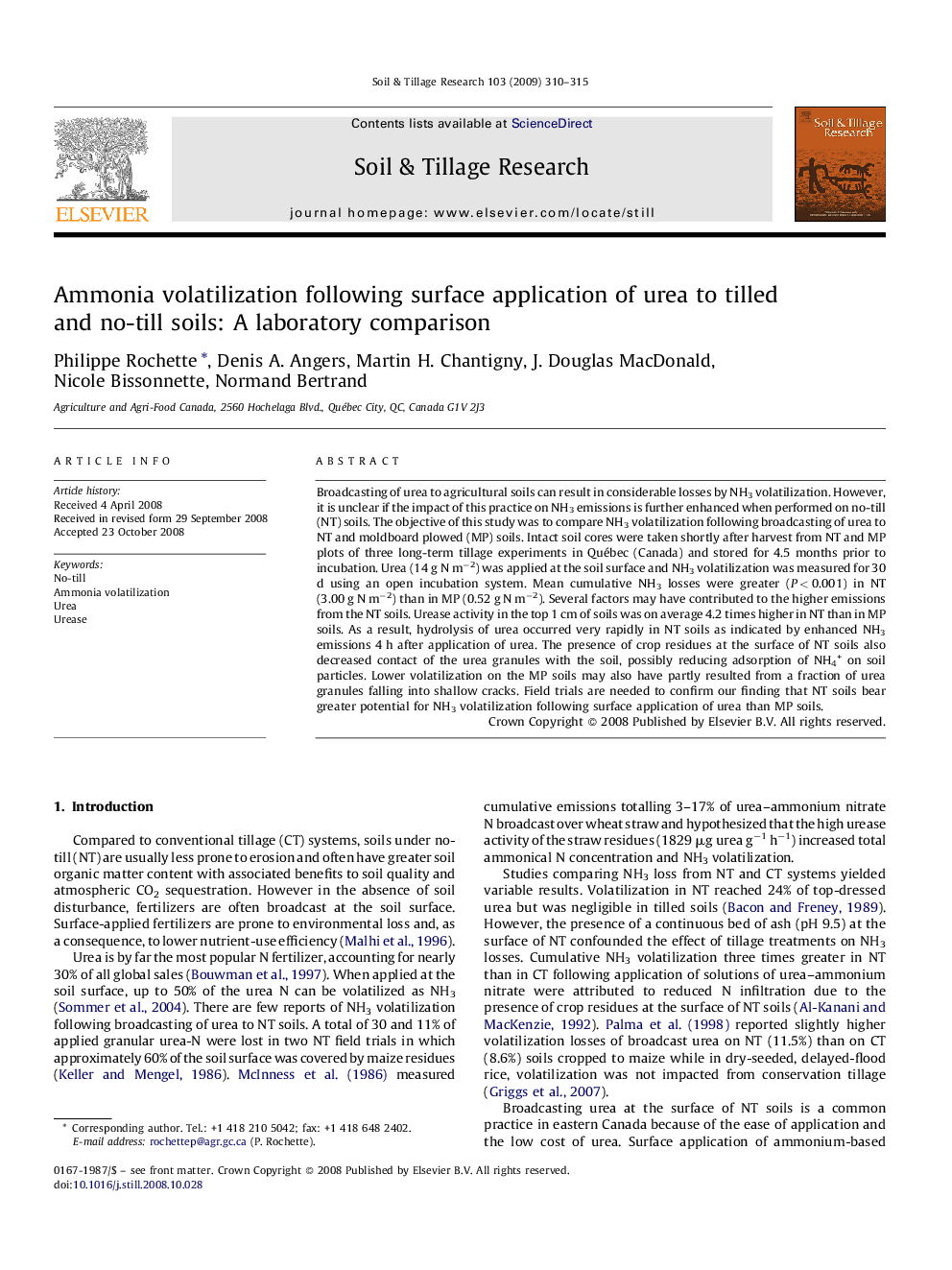 Ammonia volatilization following surface application of urea to tilled and no-till soils: A laboratory comparison