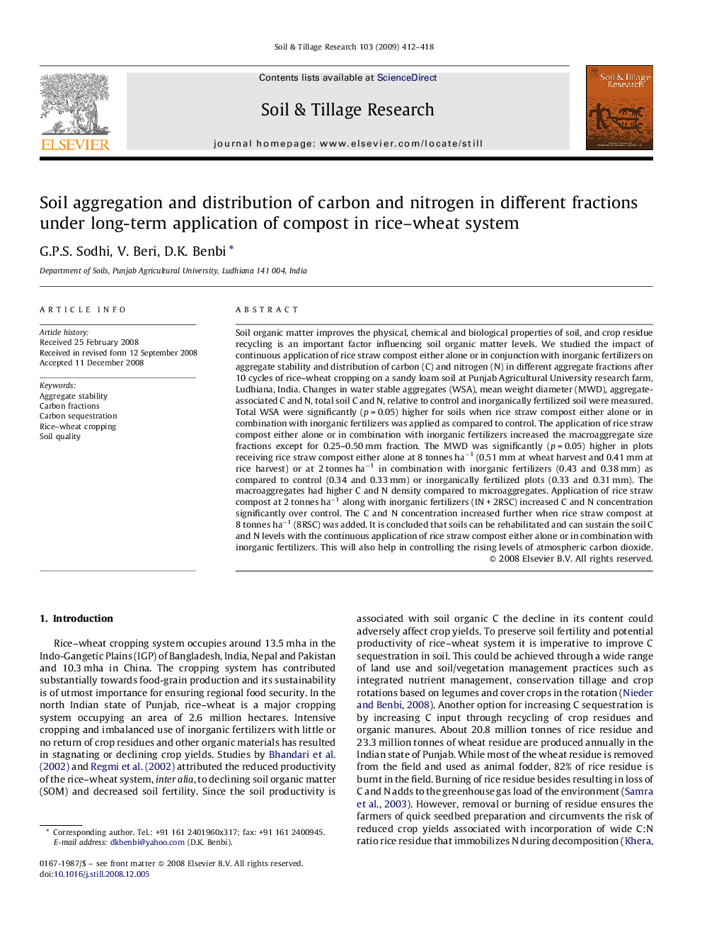 Soil aggregation and distribution of carbon and nitrogen in different fractions under long-term application of compost in rice–wheat system