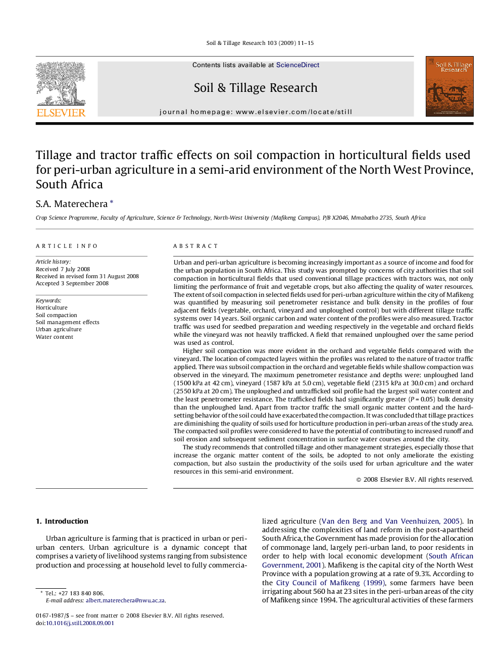 Tillage and tractor traffic effects on soil compaction in horticultural fields used for peri-urban agriculture in a semi-arid environment of the North West Province, South Africa