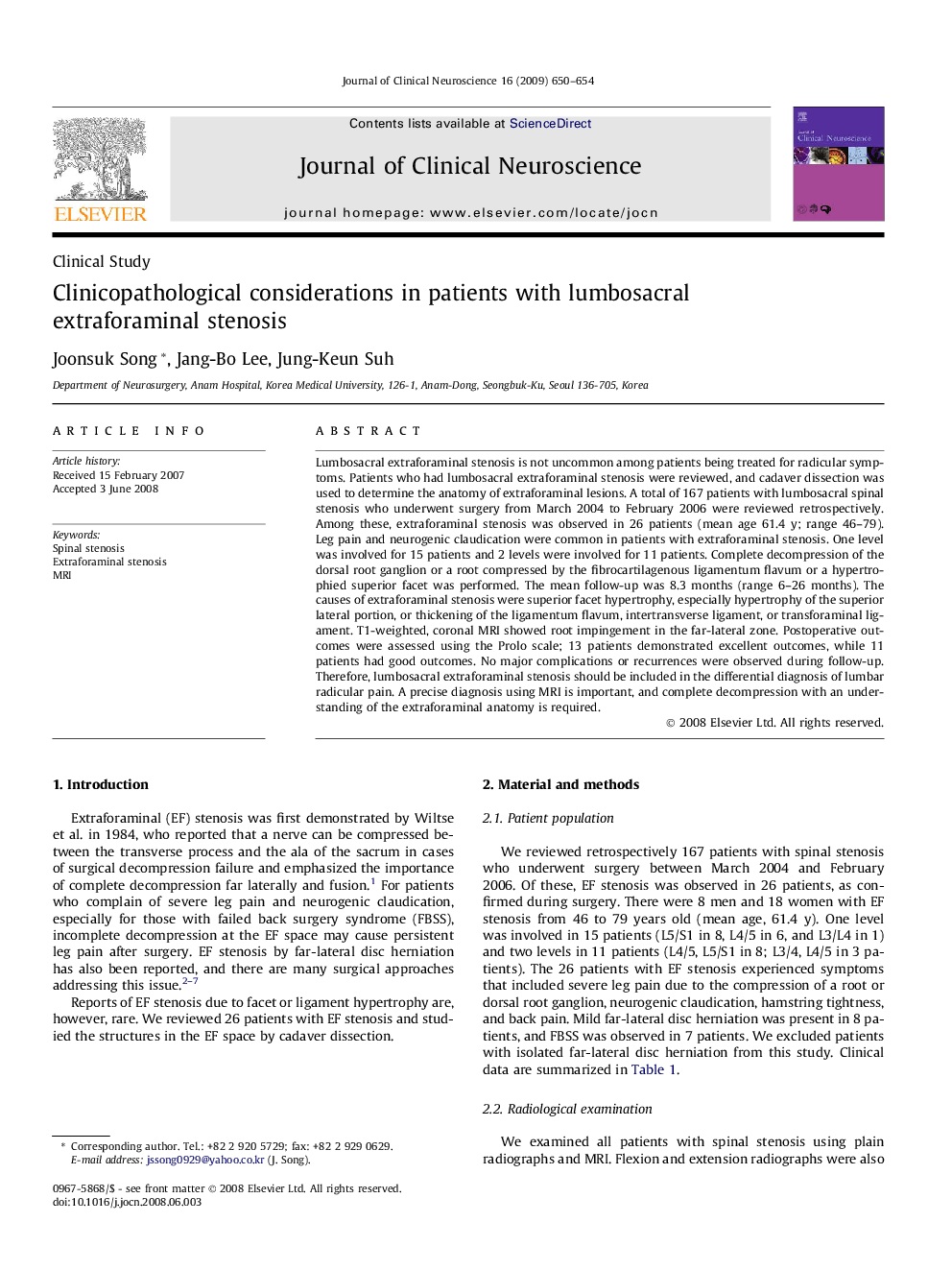 Clinicopathological considerations in patients with lumbosacral extraforaminal stenosis