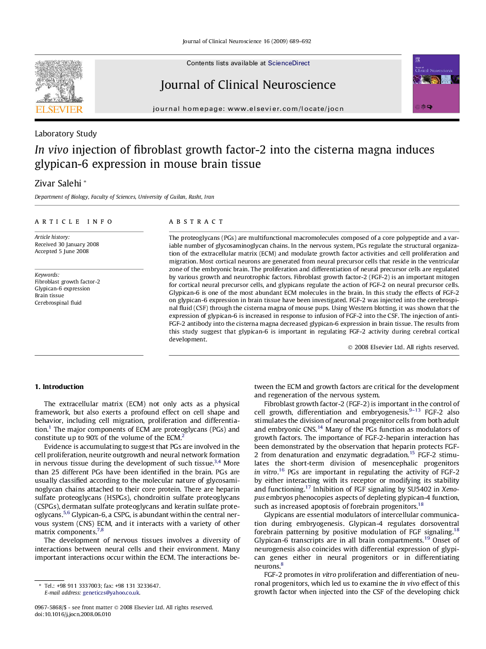 In vivo injection of fibroblast growth factor-2 into the cisterna magna induces glypican-6 expression in mouse brain tissue