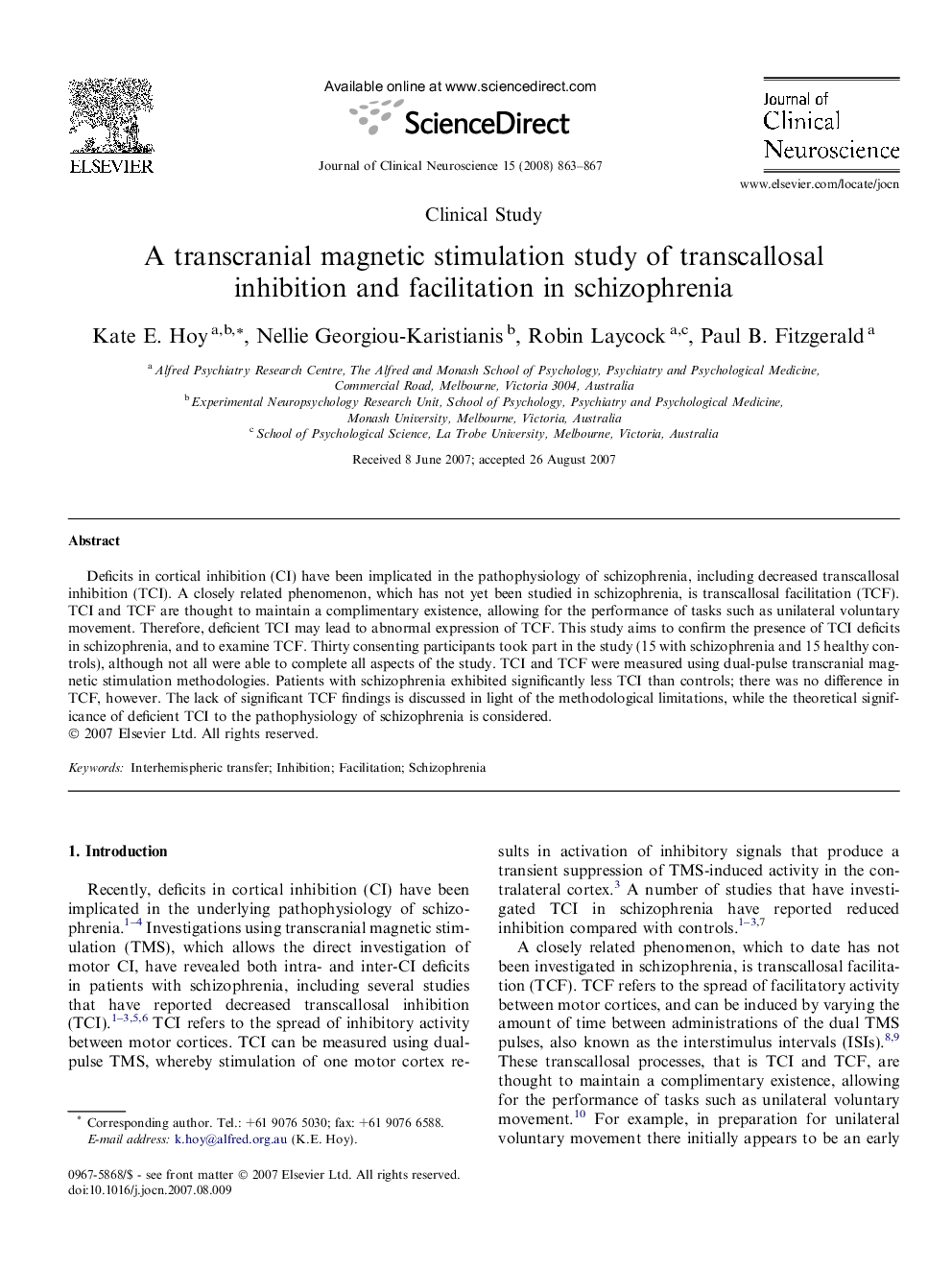 A transcranial magnetic stimulation study of transcallosal inhibition and facilitation in schizophrenia