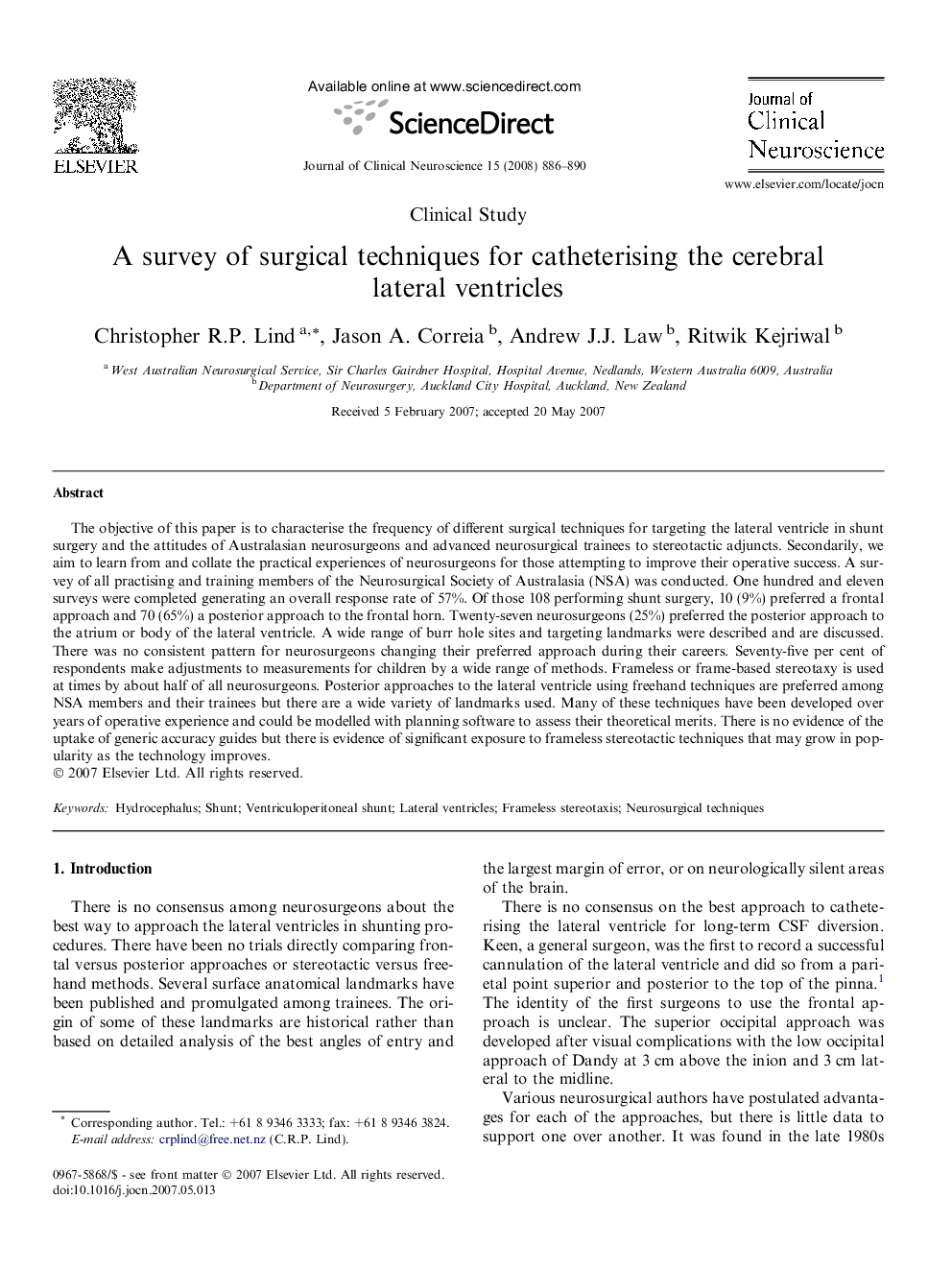 A survey of surgical techniques for catheterising the cerebral lateral ventricles