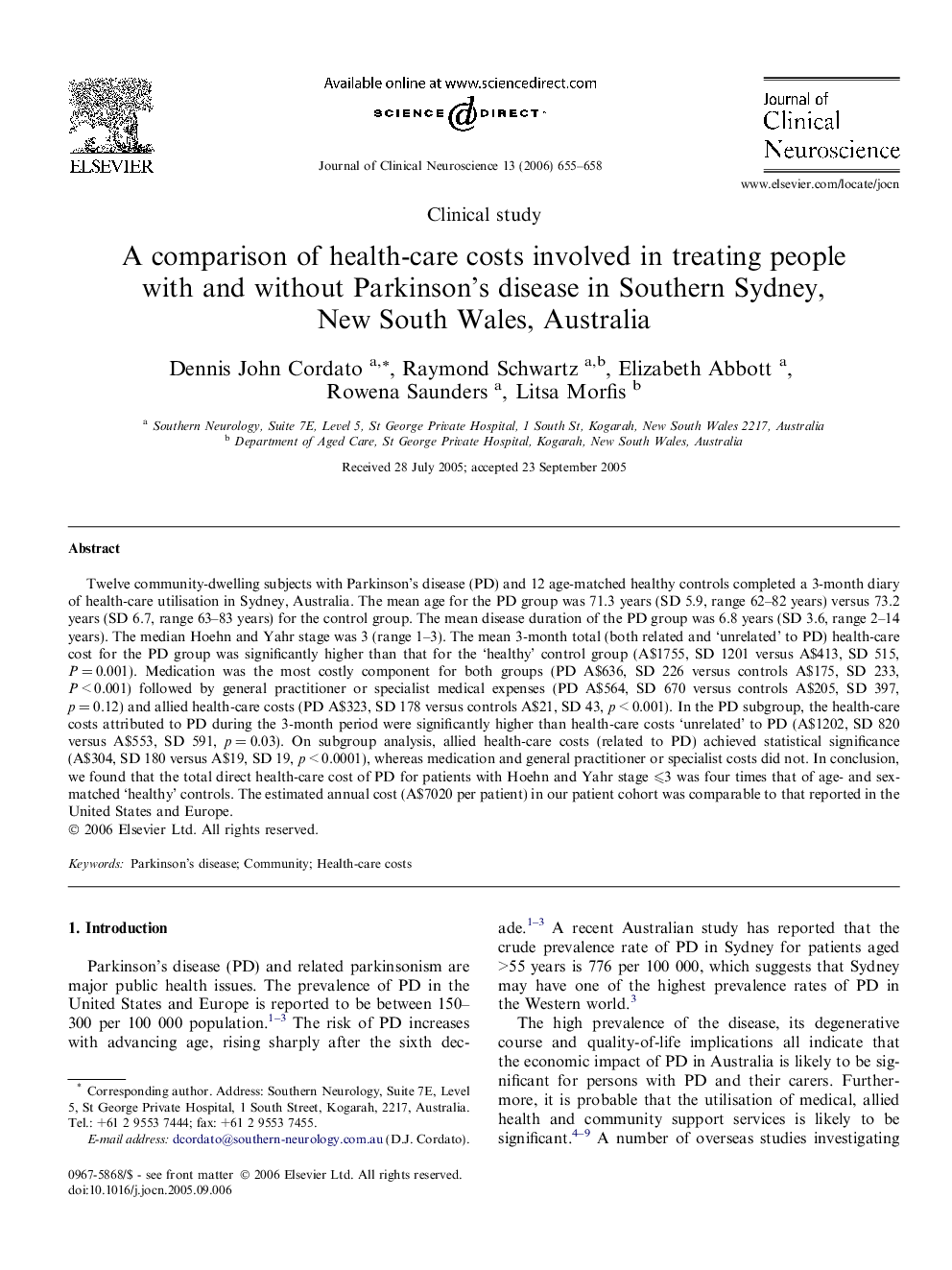 A comparison of health-care costs involved in treating people with and without Parkinson’s disease in Southern Sydney, New South Wales, Australia