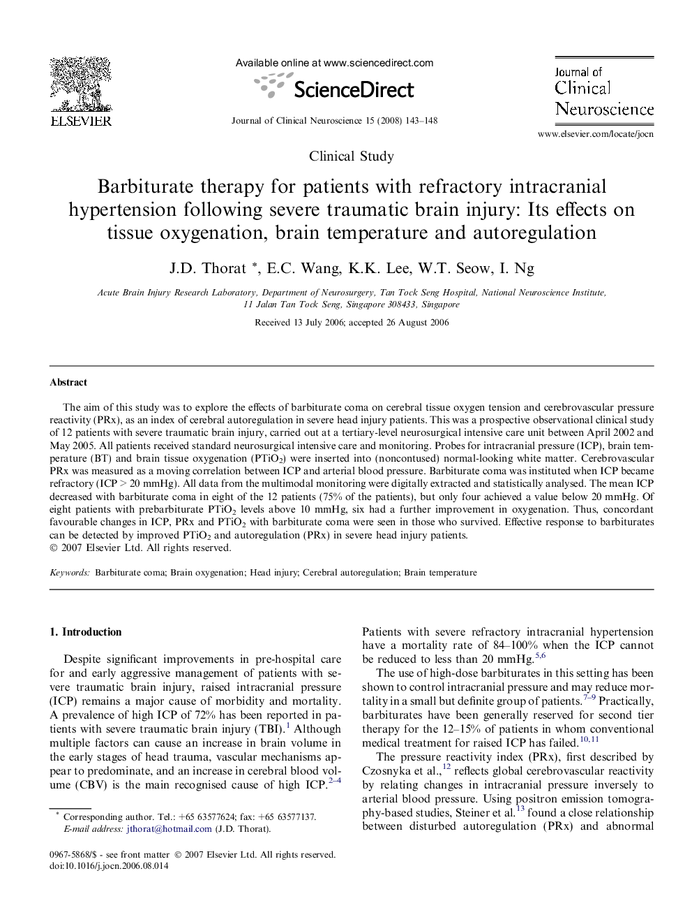 Barbiturate therapy for patients with refractory intracranial hypertension following severe traumatic brain injury: Its effects on tissue oxygenation, brain temperature and autoregulation