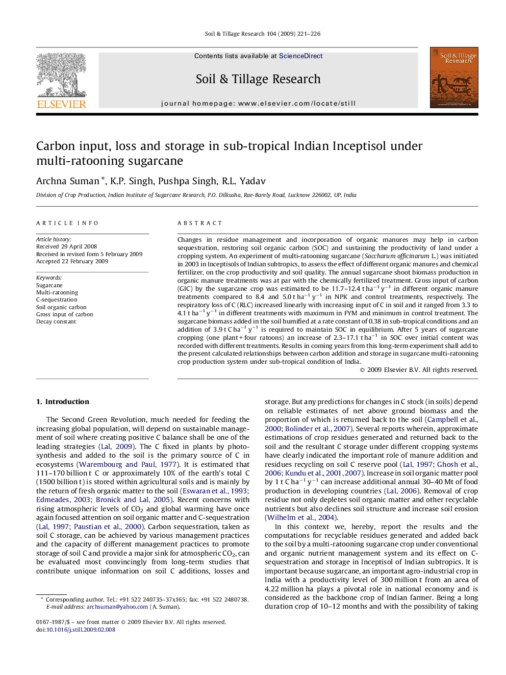 Carbon input, loss and storage in sub-tropical Indian Inceptisol under multi-ratooning sugarcane