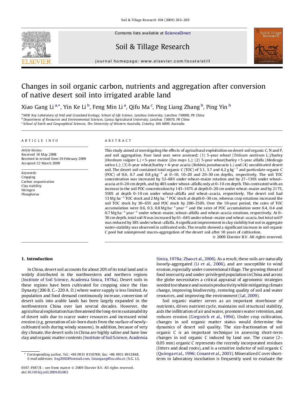 Changes in soil organic carbon, nutrients and aggregation after conversion of native desert soil into irrigated arable land