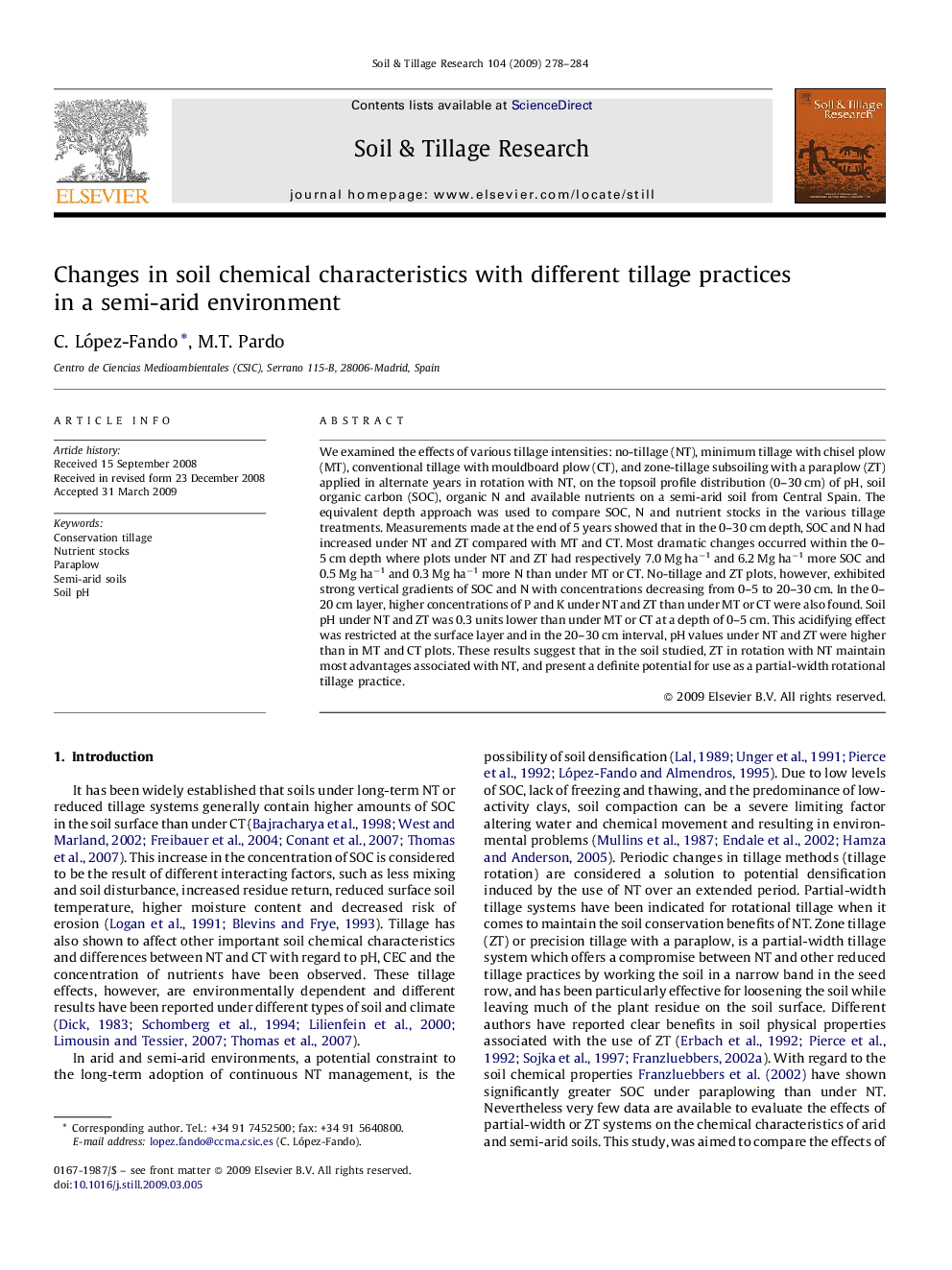 Changes in soil chemical characteristics with different tillage practices in a semi-arid environment