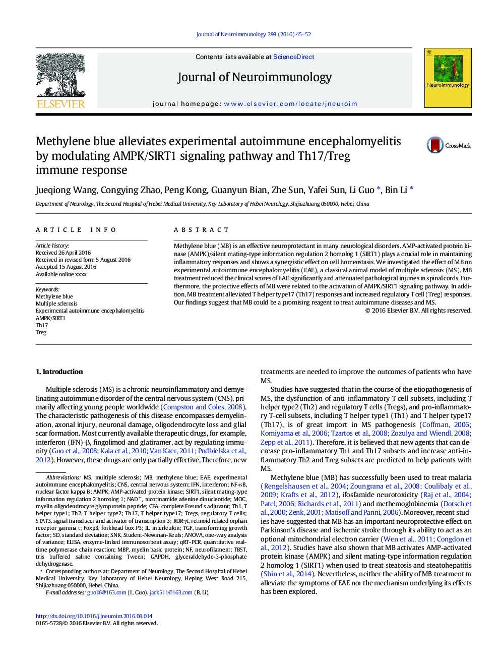 Methylene blue alleviates experimental autoimmune encephalomyelitis by modulating AMPK/SIRT1 signaling pathway and Th17/Treg immune response