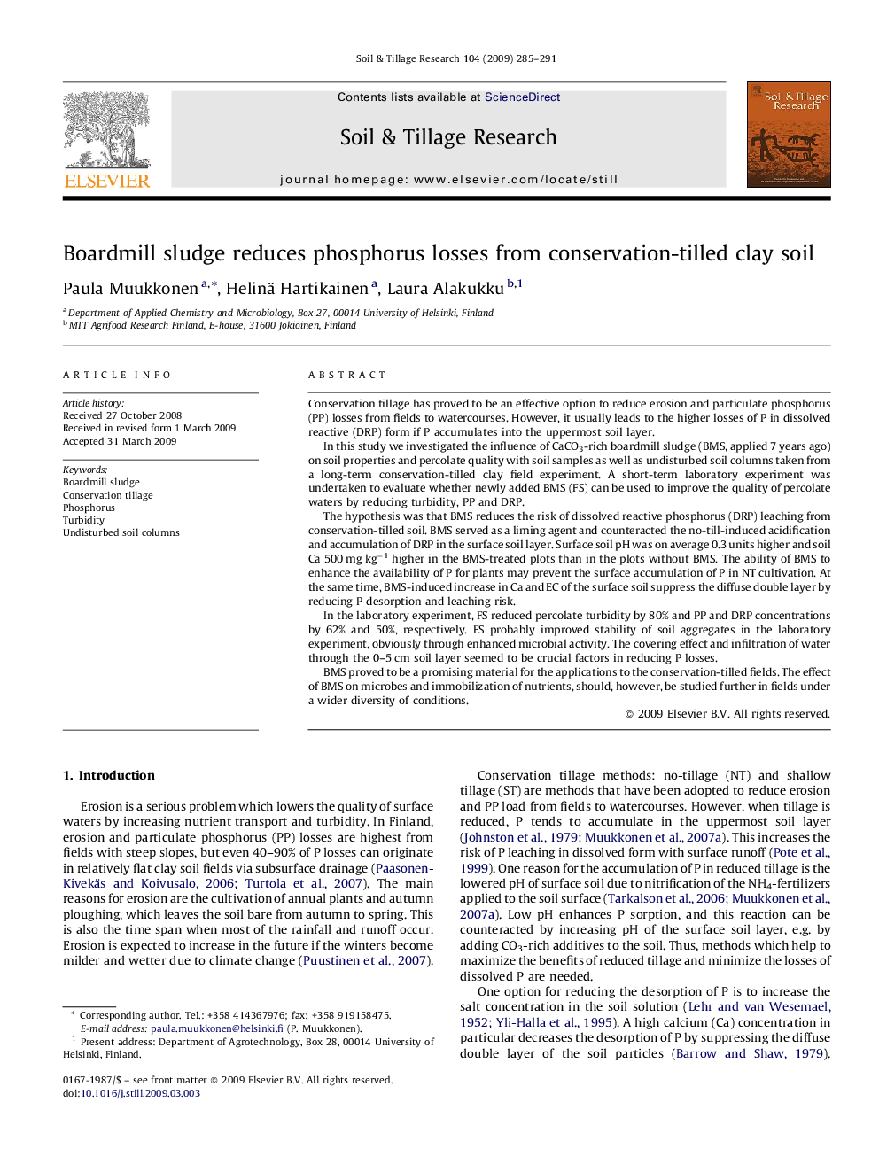 Boardmill sludge reduces phosphorus losses from conservation-tilled clay soil