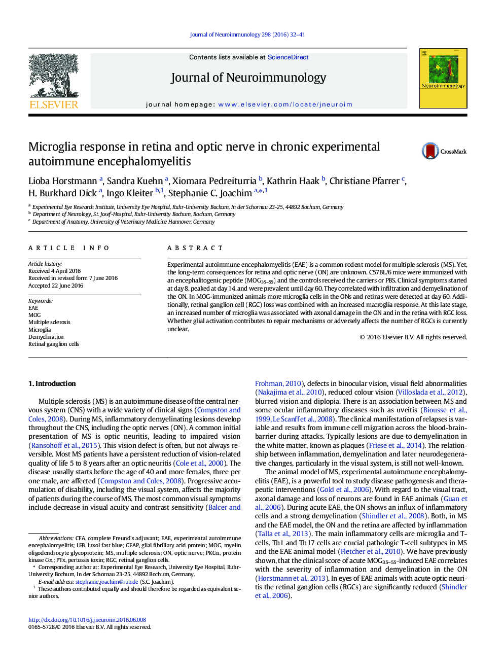 Microglia response in retina and optic nerve in chronic experimental autoimmune encephalomyelitis