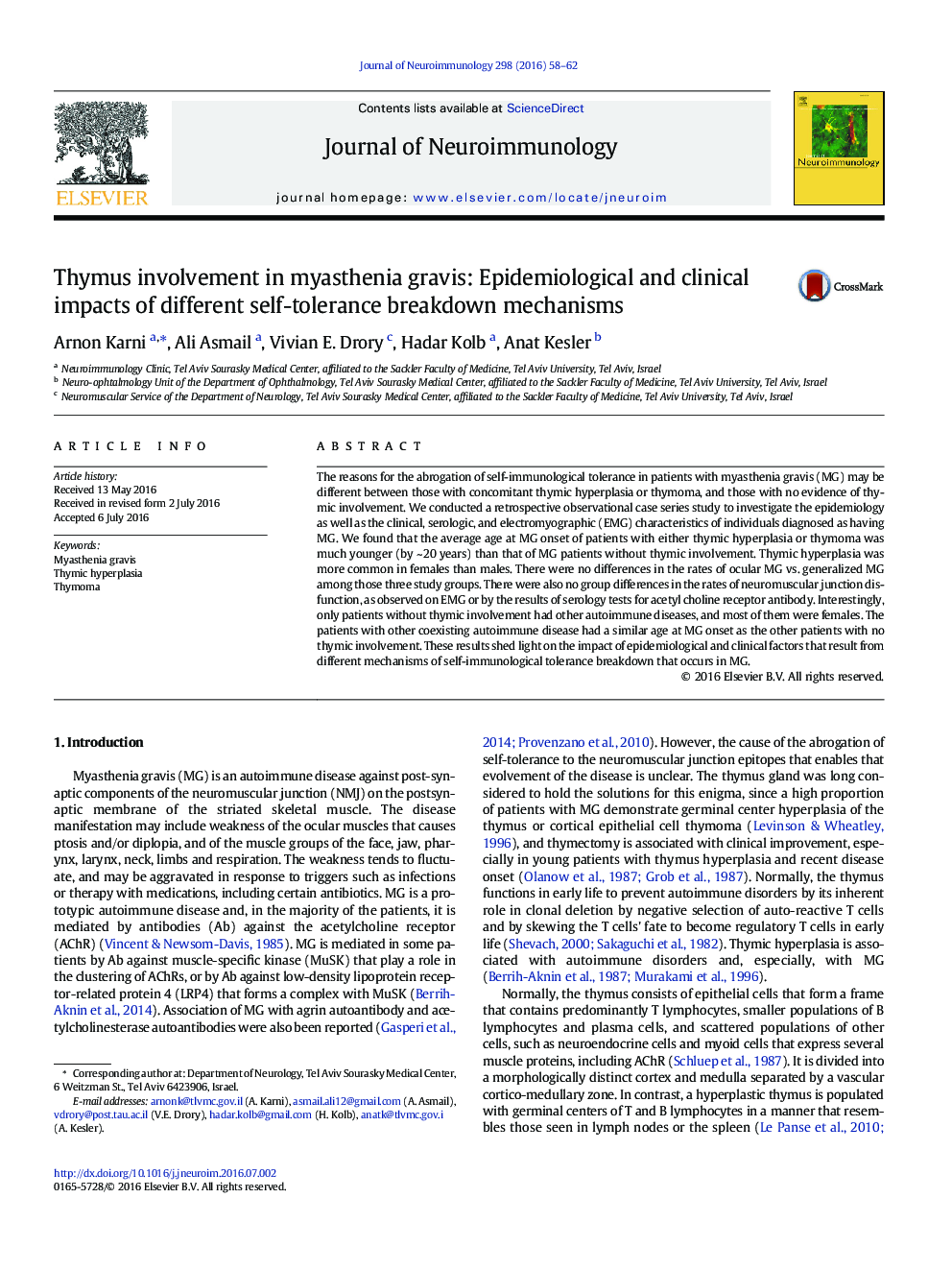 Thymus involvement in myasthenia gravis: Epidemiological and clinical impacts of different self-tolerance breakdown mechanisms