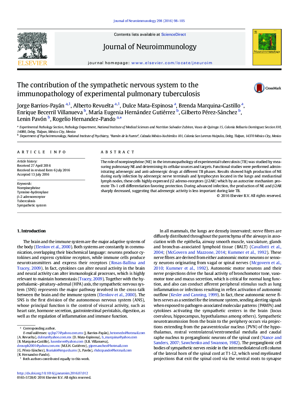 The contribution of the sympathetic nervous system to the immunopathology of experimental pulmonary tuberculosis