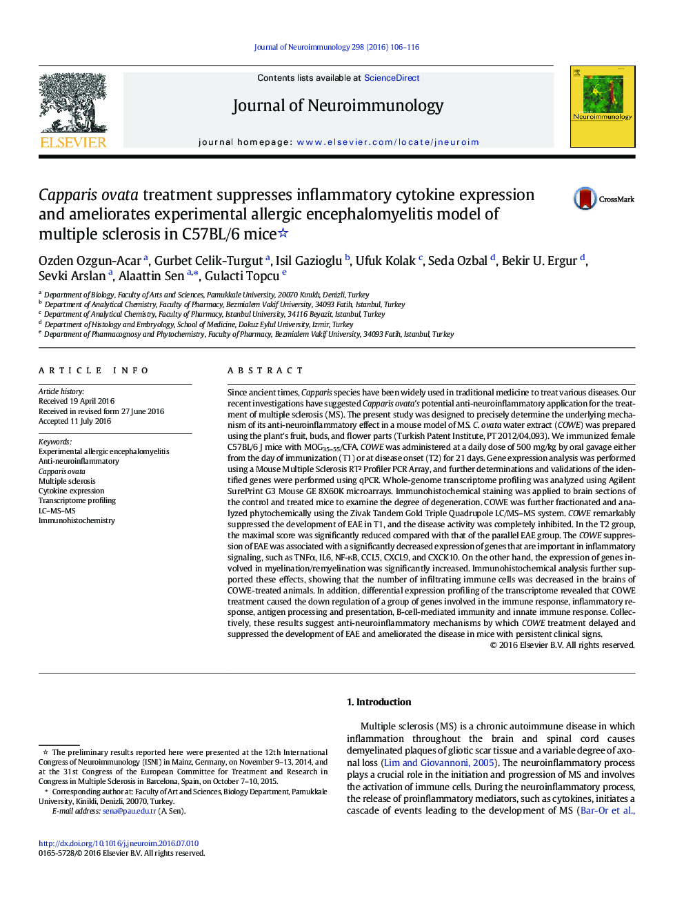 Capparis ovata treatment suppresses inflammatory cytokine expression and ameliorates experimental allergic encephalomyelitis model of multiple sclerosis in C57BL/6 mice 