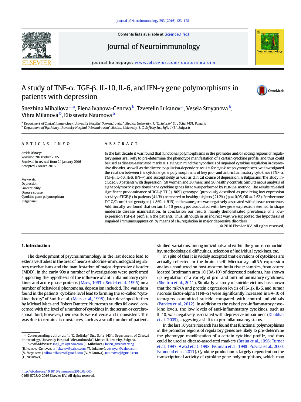 A study of TNF-α, TGF-β, IL-10, IL-6, and IFN-γ gene polymorphisms in patients with depression