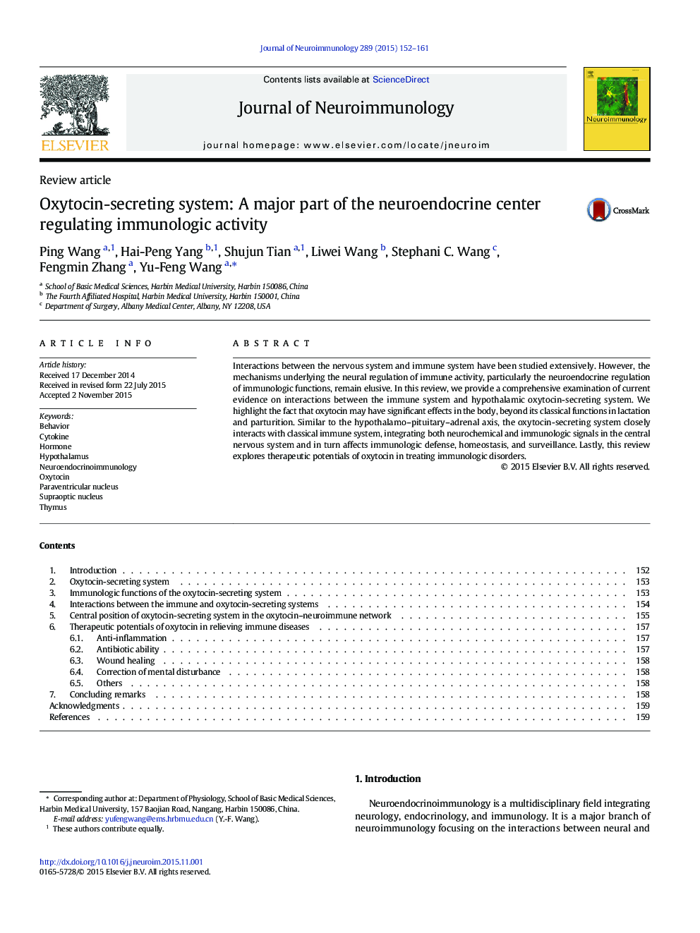 Oxytocin-secreting system: A major part of the neuroendocrine center regulating immunologic activity