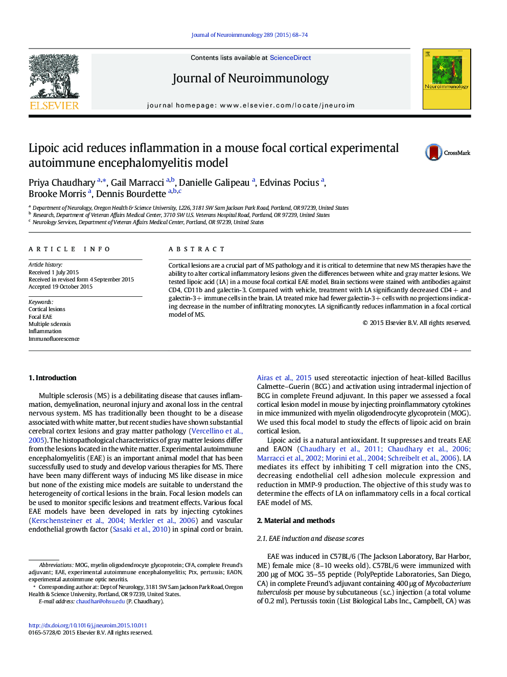 Lipoic acid reduces inflammation in a mouse focal cortical experimental autoimmune encephalomyelitis model