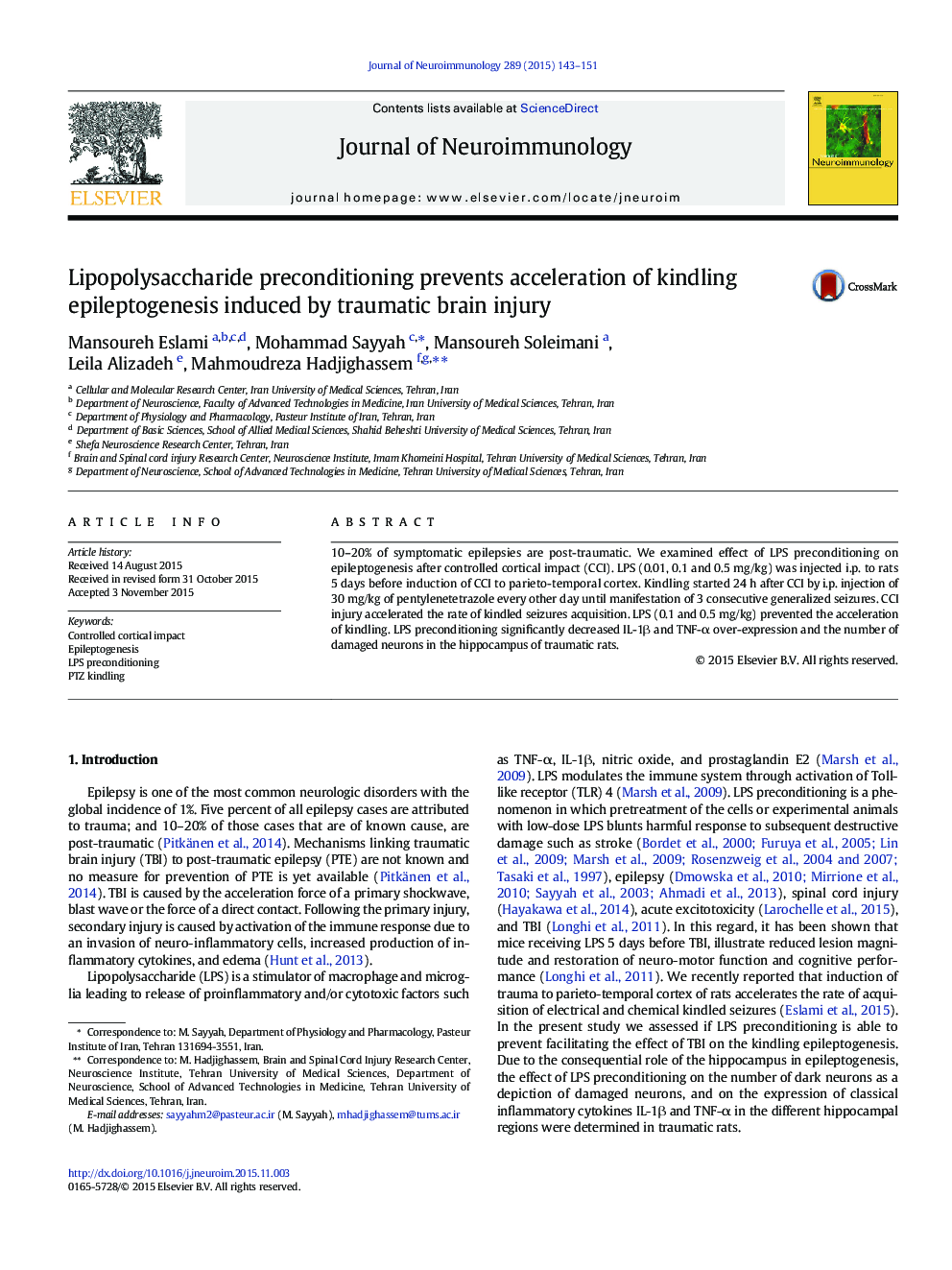 Lipopolysaccharide preconditioning prevents acceleration of kindling epileptogenesis induced by traumatic brain injury