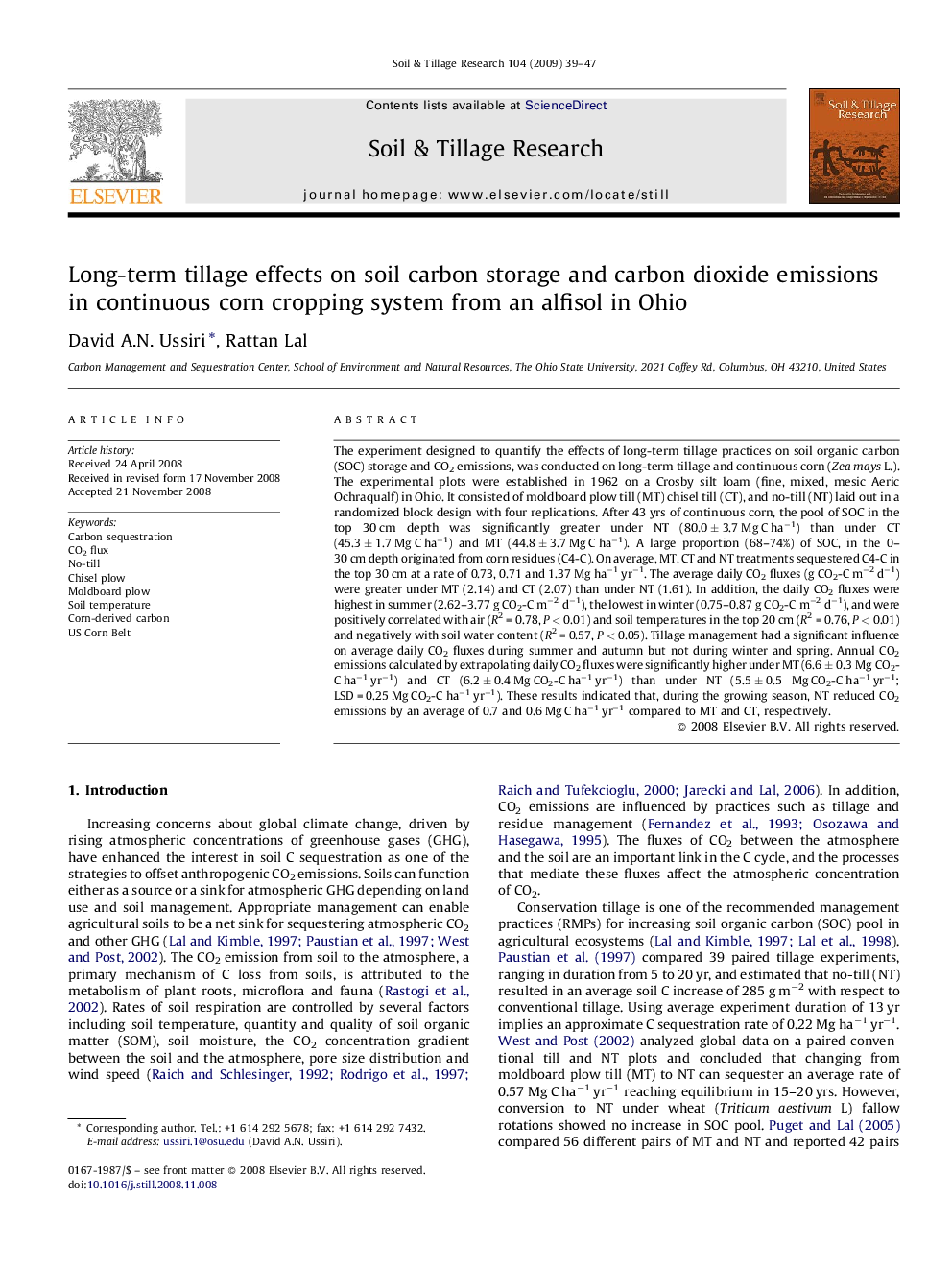 Long-term tillage effects on soil carbon storage and carbon dioxide emissions in continuous corn cropping system from an alfisol in Ohio