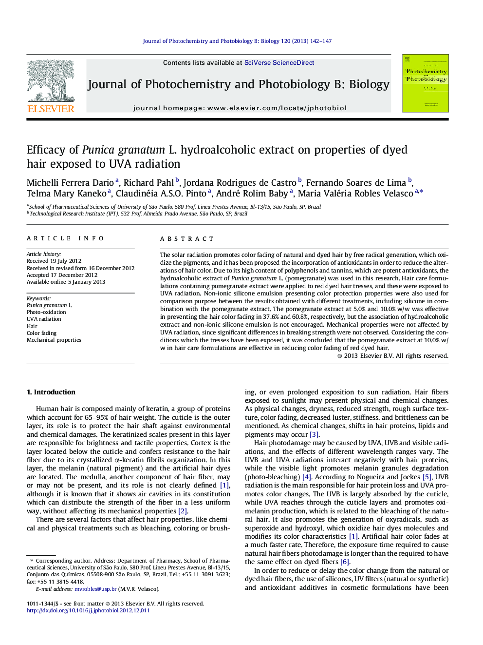 Efficacy of Punica granatum L. hydroalcoholic extract on properties of dyed hair exposed to UVA radiation