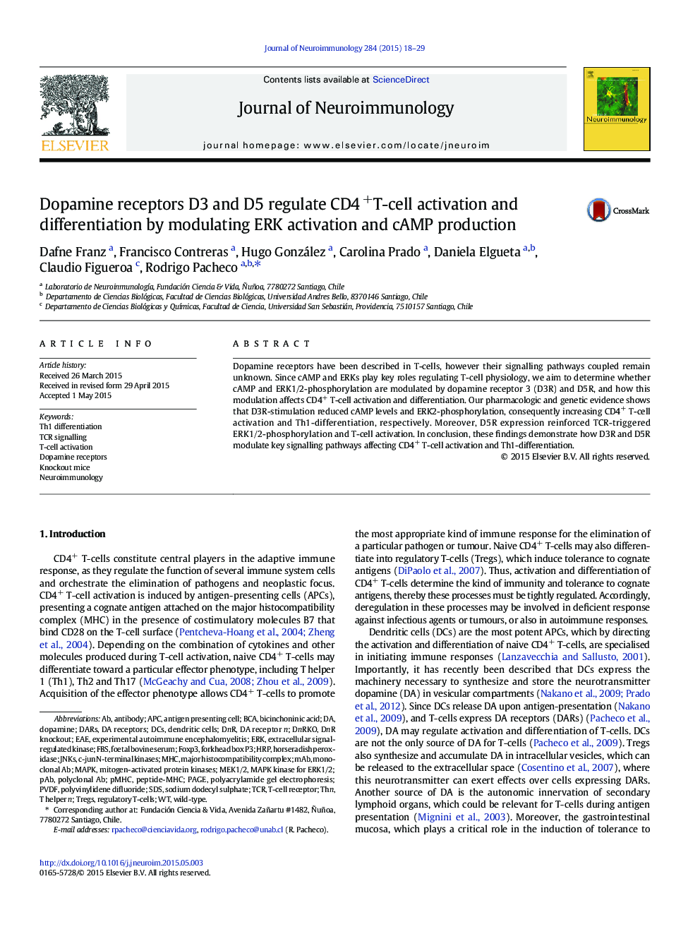 Dopamine receptors D3 and D5 regulate CD4 +T-cell activation and differentiation by modulating ERK activation and cAMP production