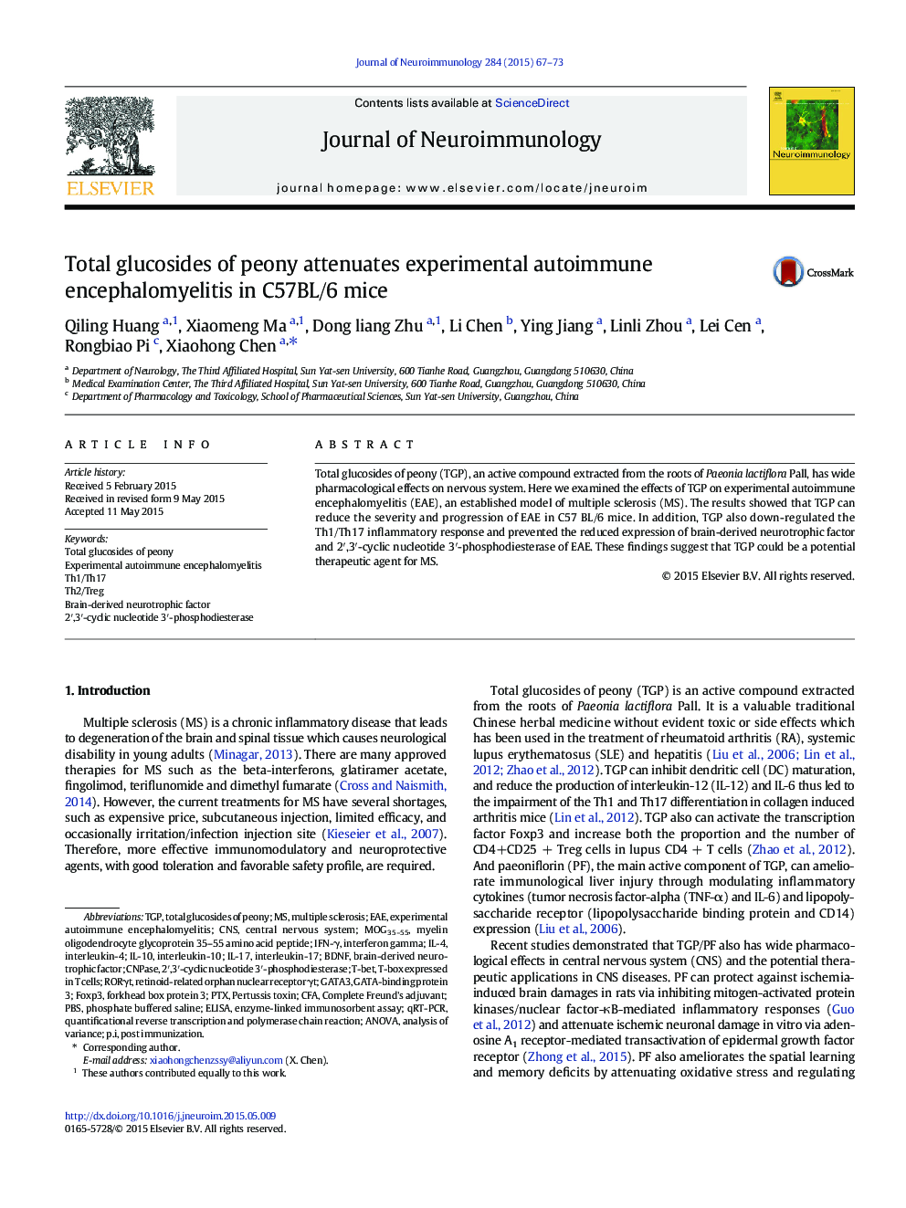 Total glucosides of peony attenuates experimental autoimmune encephalomyelitis in C57BL/6 mice