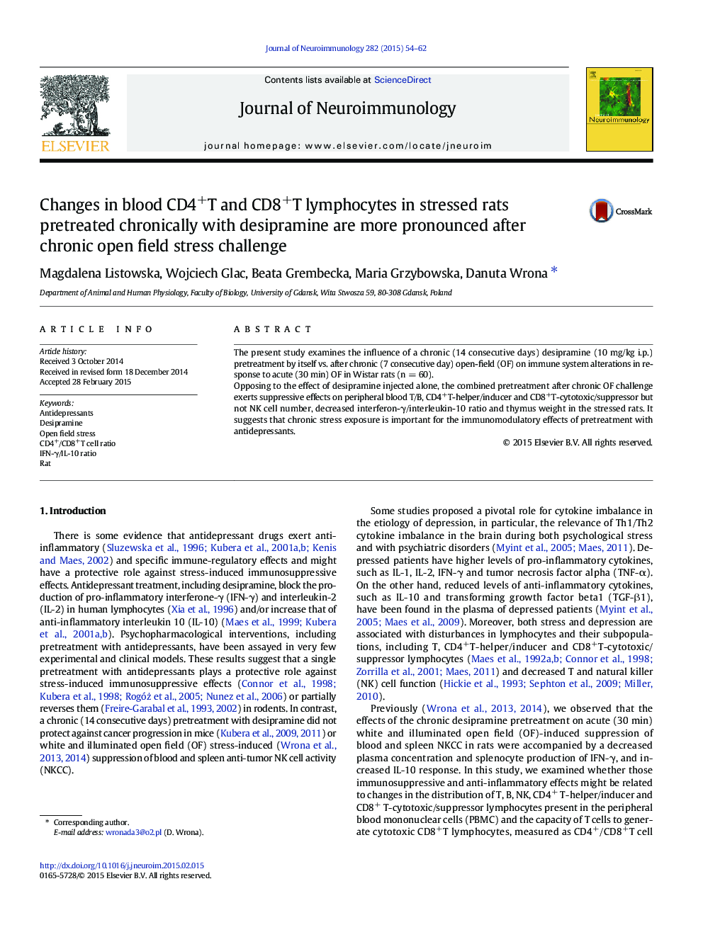 Changes in blood CD4+T and CD8+T lymphocytes in stressed rats pretreated chronically with desipramine are more pronounced after chronic open field stress challenge